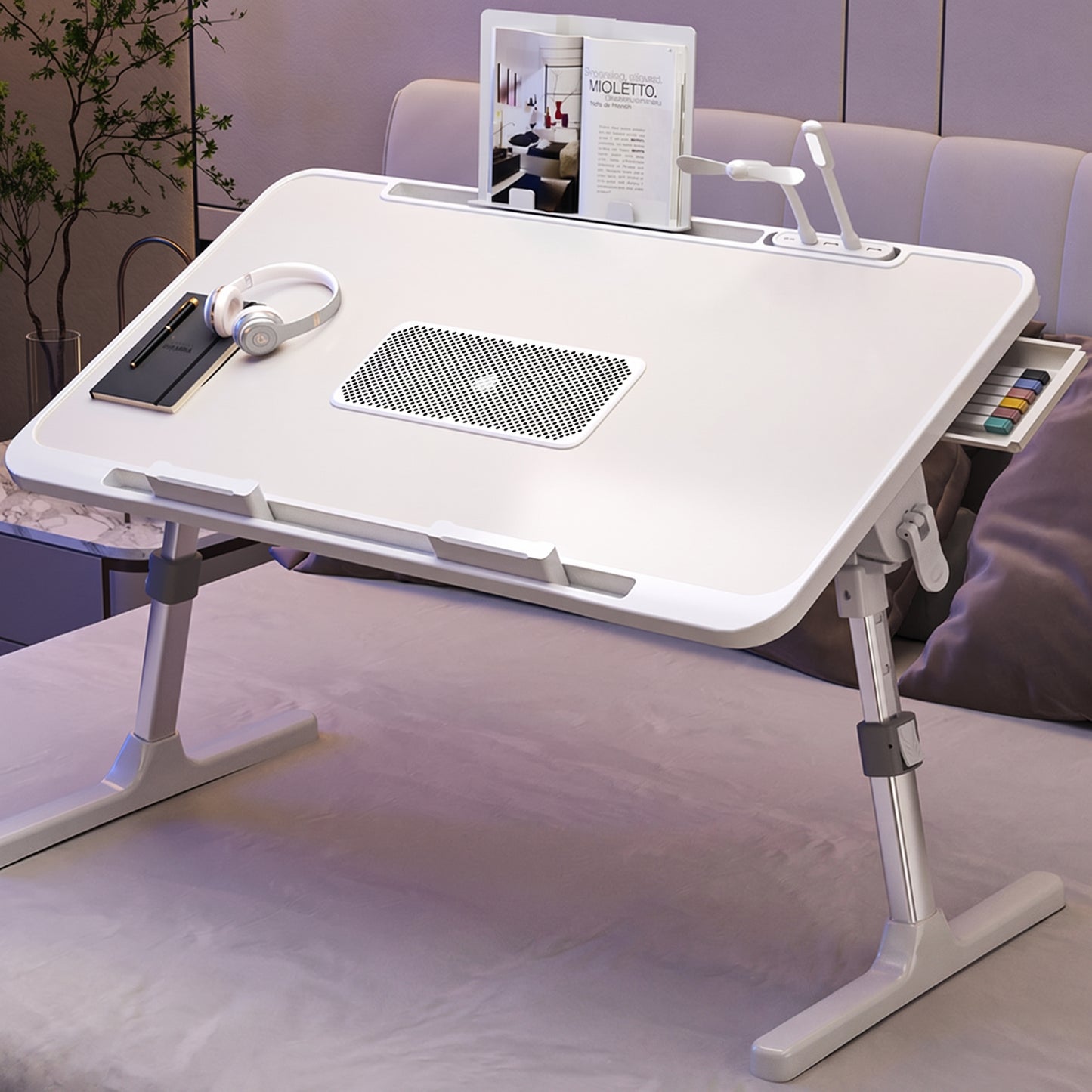 NestDesk | Adjustable Laptop Bed Tray with Cooling Fan, LED Light & Storage Drawer