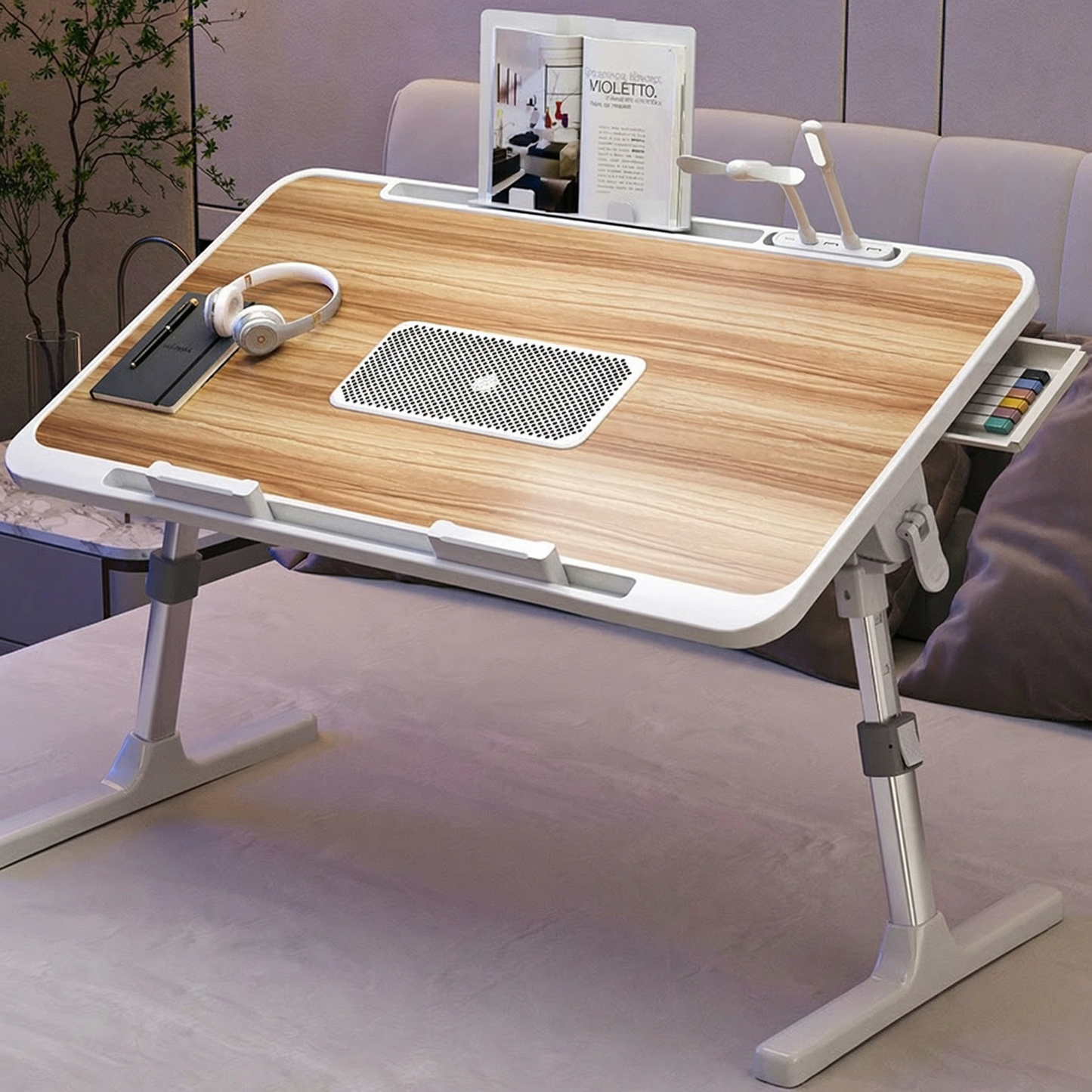 NestDesk | Adjustable Laptop Bed Tray with Cooling Fan, LED Light & Storage Drawer